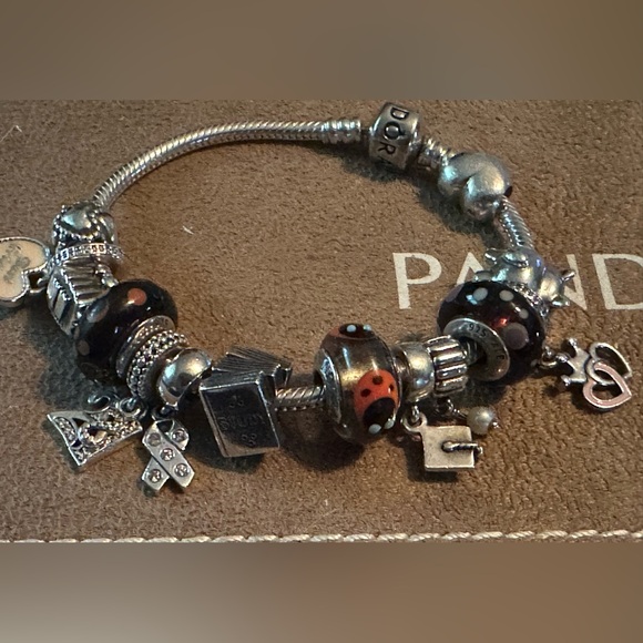 Authentic Pandora Silver and Black Charm Bracelet with 14 charms - Picture 4 of 10